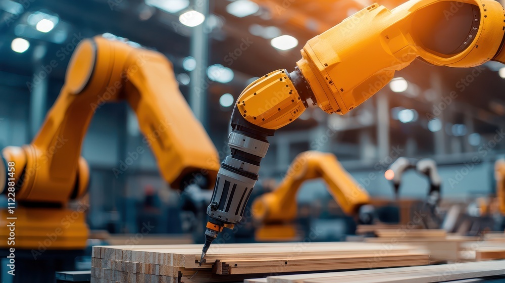 Poster modern woodworking factory concept, workers and robots collaborating in a highly organized manufactu