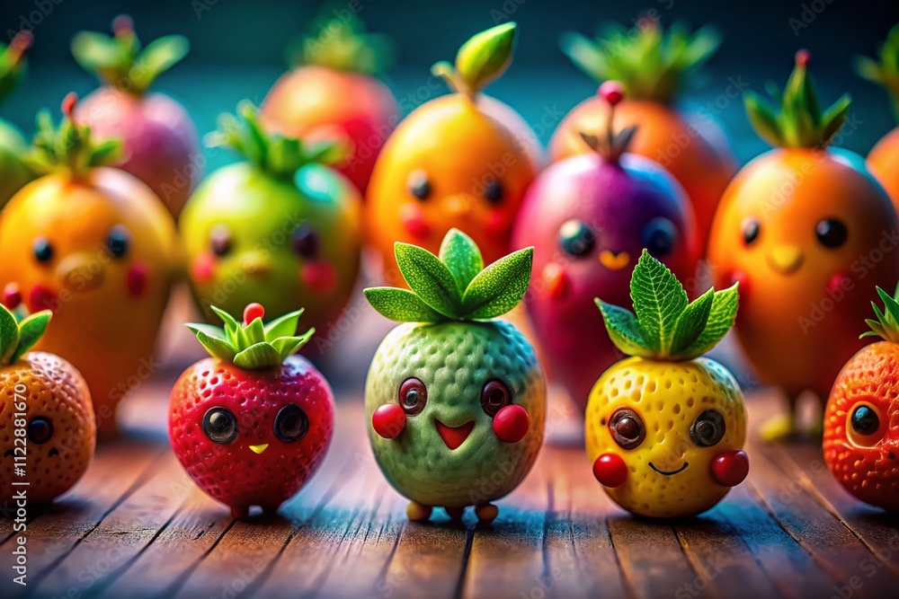 Poster digital artwork of adorable fruit characters on a blank backdrop, showcasing a playful and colorful 