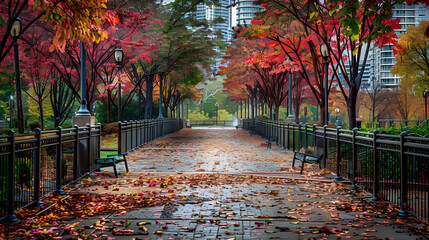 Autumnal park walkway, rain, colorful foliage, paved path, fall leaves