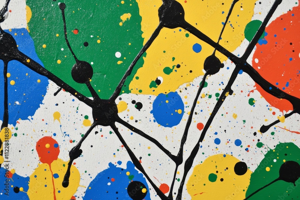 Poster vibrant abstract art with colorful paint splashes and dynamic lines creating a playful and energetic