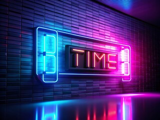 Obraz premium Digital Clock Concept with Glowing Neon Lights Spelling TIME Against a Dark Background, Perfect for Futuristic Designs and Time Management Themes