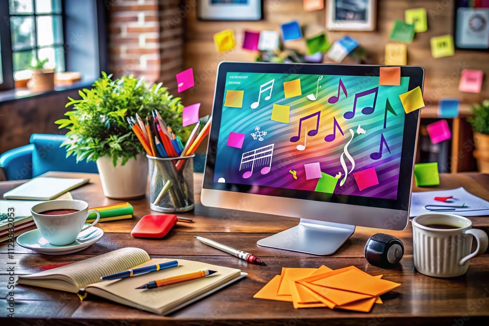 Poster digital notes on screen: creative conceptual photography showcasing technology and learning in a mod