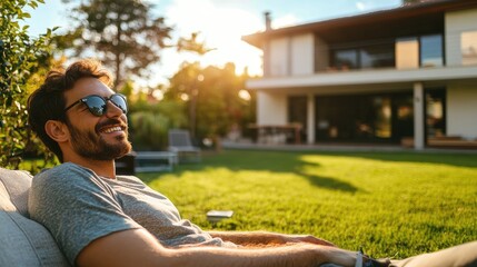 Happy man relaxing outdoors in sunny backyard.