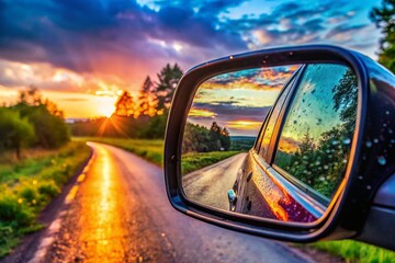 Dirty Rearview Mirror Reflecting a Road Scene with Blurred Background and Copy Space for Text Overlay, Ideal for Automotive and Travel Themes