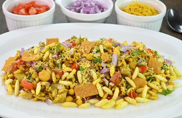 Bhel Puri Indian snack dish served in a plate.