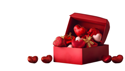 Valentine's day design. Realistic red gifts boxes. Open gift box full of decorative festive object. Holiday banner, web poster, flyer, stylish brochure, greeting card, cover. Romantic background