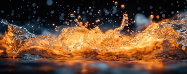 Dynamic water splash with golden sunset colors. High speed photography captures liquid motion with dramatic lighting, creating ethereal effect with water droplets. High resolution 8k