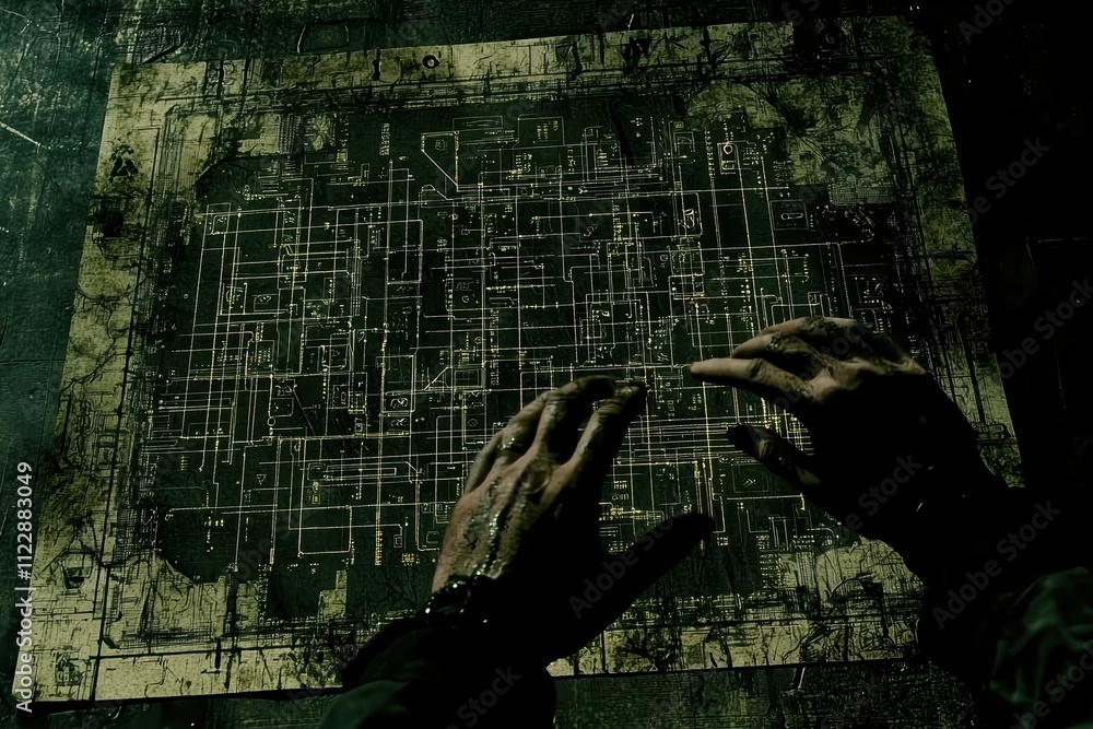 Poster hands over technical blueprint with complex circuit design