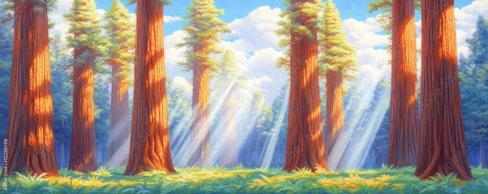 Aufkleber a serene forest scene with tall trees and sunlight filtering through clouds.
