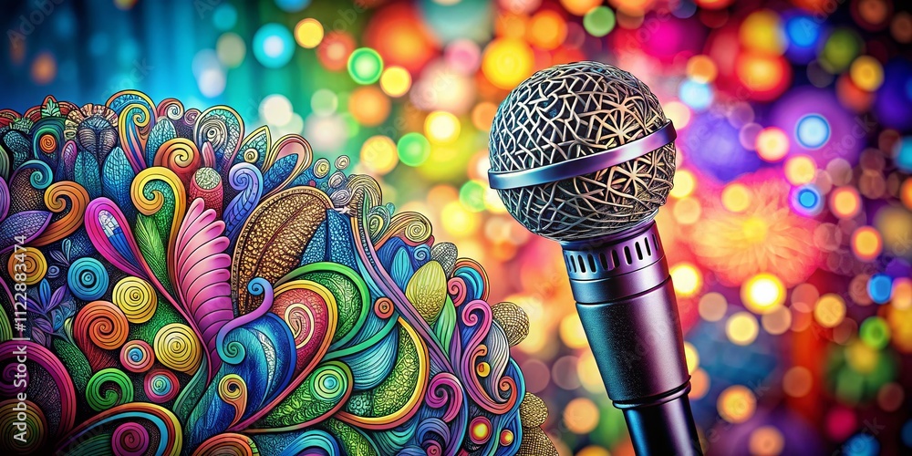 Poster doodle microphone with bokeh effect capturing musical vibes in a colorful background for creative pr