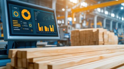 Modern Woodworking Factory Concept, Real-Time Data Monitoring in Woodworking Industry with Interactive Display Screens and Timber Stock