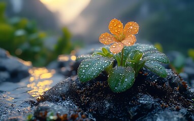 Dew-kissed orange flower blossoms on a rocky stream bank at sunrise.