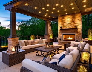 A large patio with a fireplace and a covered area with a table and chairs