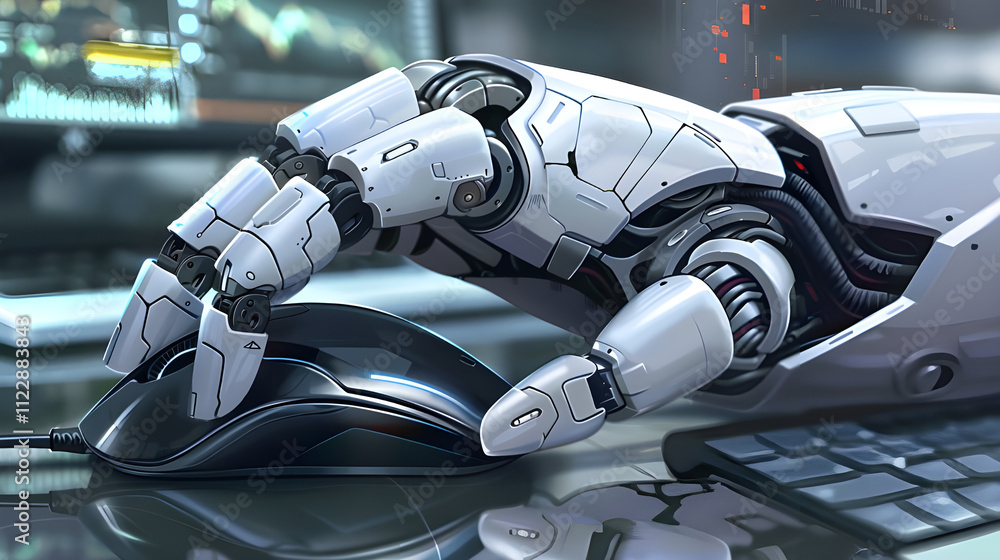 Poster robotic hand operating a computer mouse on a desk.