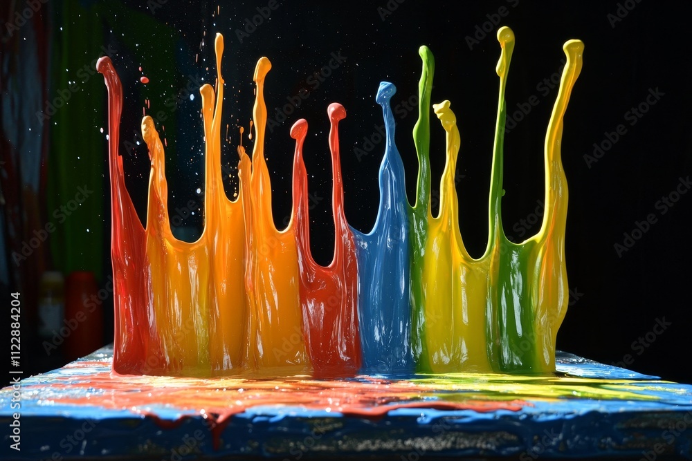 Poster vibrant colors splashing from paint containers creating artistic explosion in motion with vivid drip