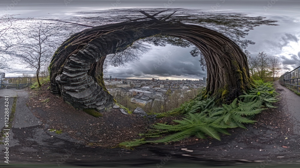 Poster a panoramic view through a unique tree arch overlooking a cityscape.
