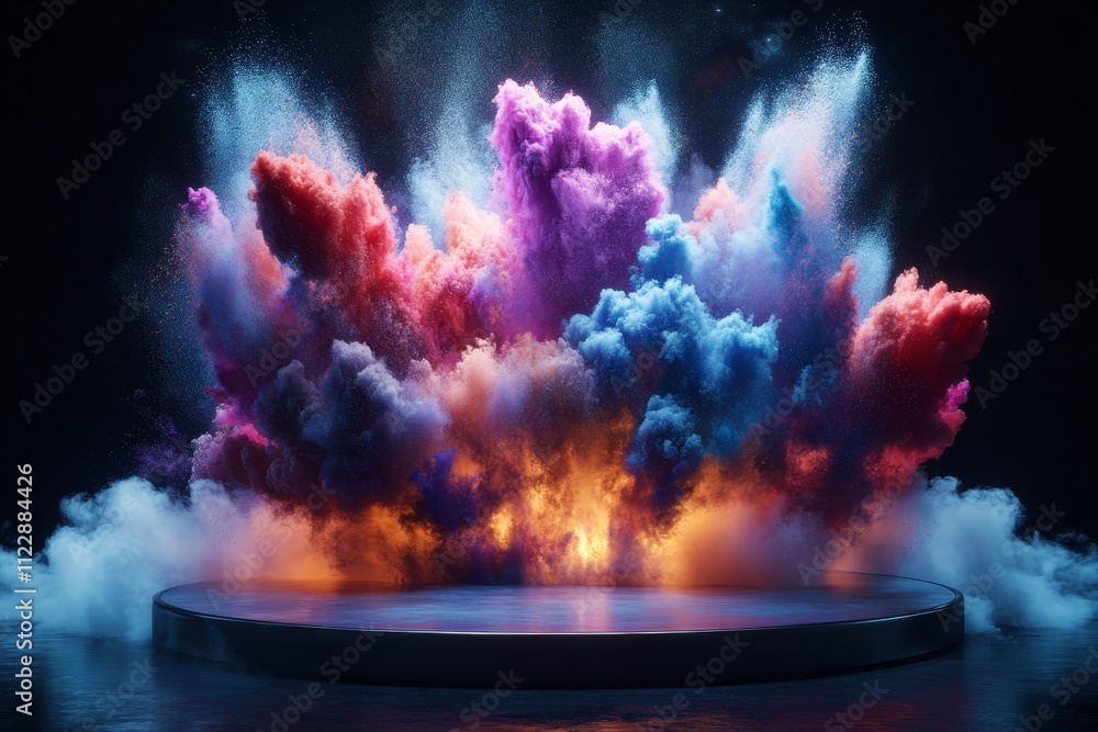 Poster vibrant explosion of colorful clouds in a dark background with dramatic light effects creating an ar