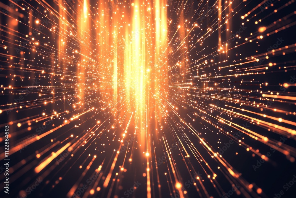 Poster vibrant explosion of golden light particles creating a striking visual effect against a dark backgro