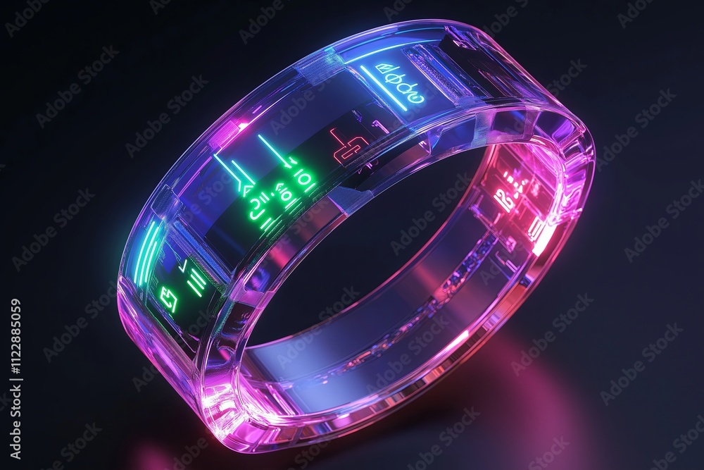 Poster a wearable fitness tracker with a transparent band and glowing real-time metrics.