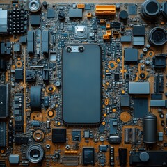 Fototapeta premium A smartphone surrounded by various electronic components on a circuit board.
