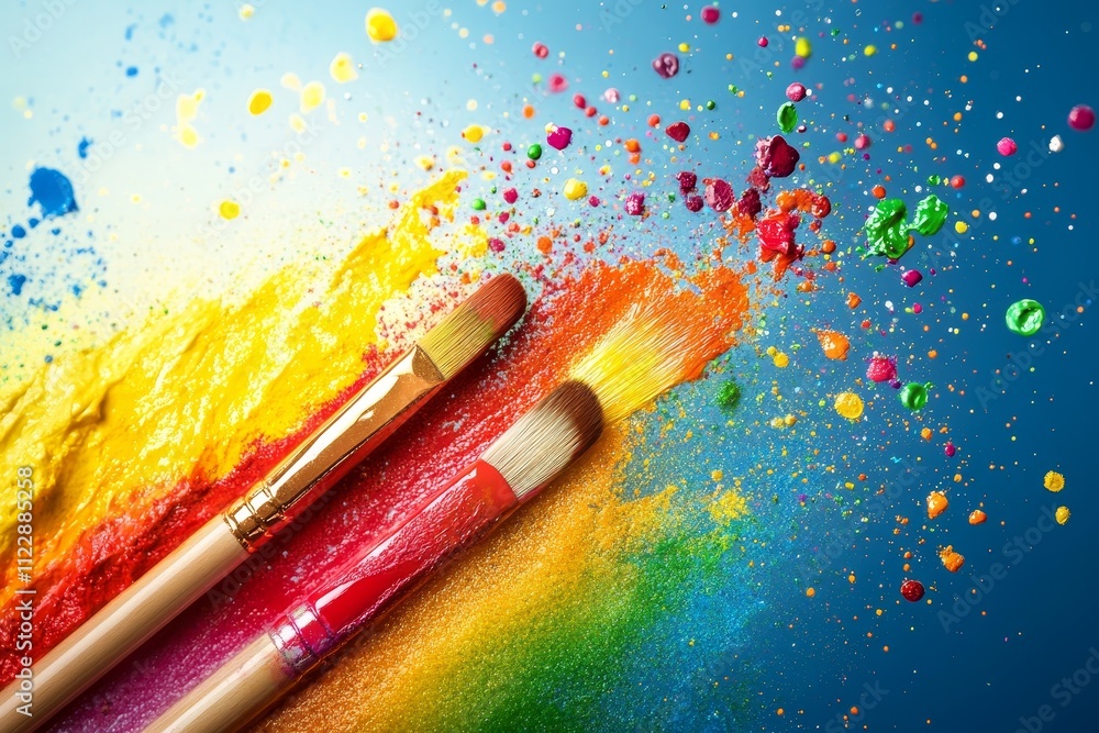 Poster vibrant paint splashes and brushes on colorful background showcasing the art of creativity and expre