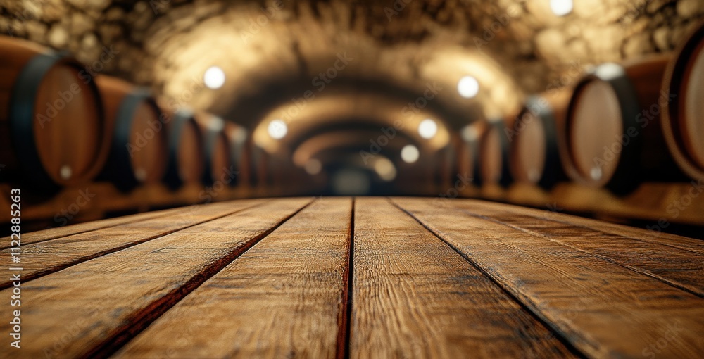 Poster rustic wooden table in a dark wine cellar surrounded by barrels and soft lighting, creating an invit