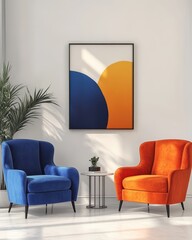3D render of a colorful interior design with armchairs in a modern home, a bright living room with orange and blue furniture