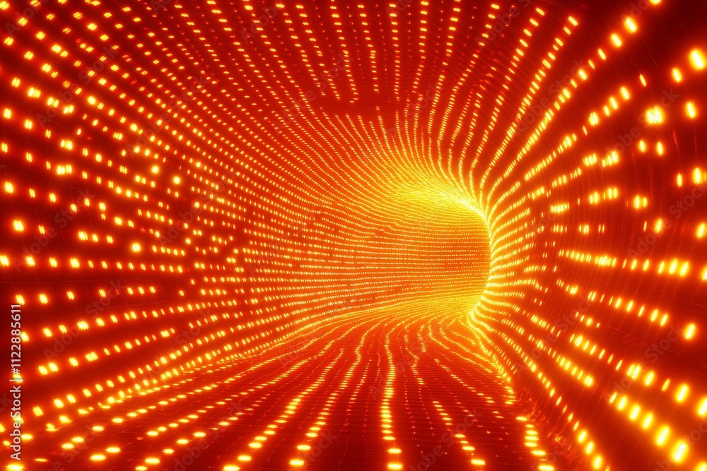 Poster vibrant red tunnel of light with glowing dots and abstract patterns, representing motion and energy 