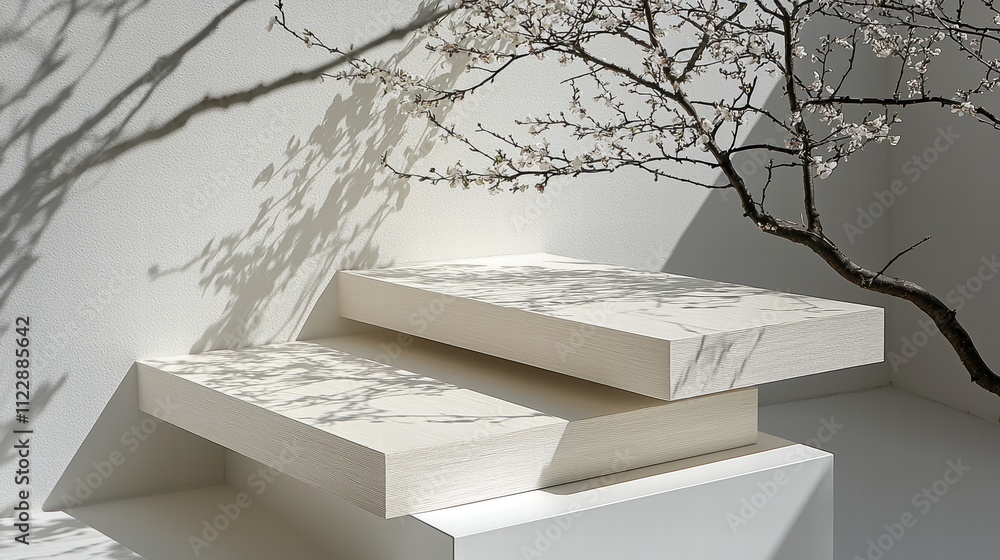 Poster minimalistic display of white shelves with branch and shadow play