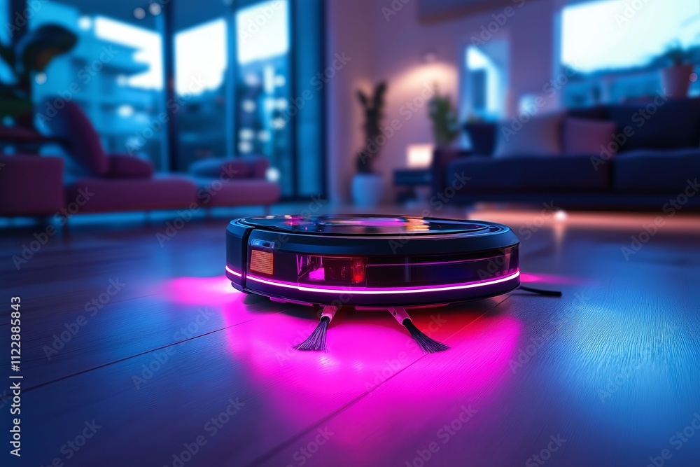 Poster an advanced cleaning robot with glowing sensors autonomously cleaning a modern house.