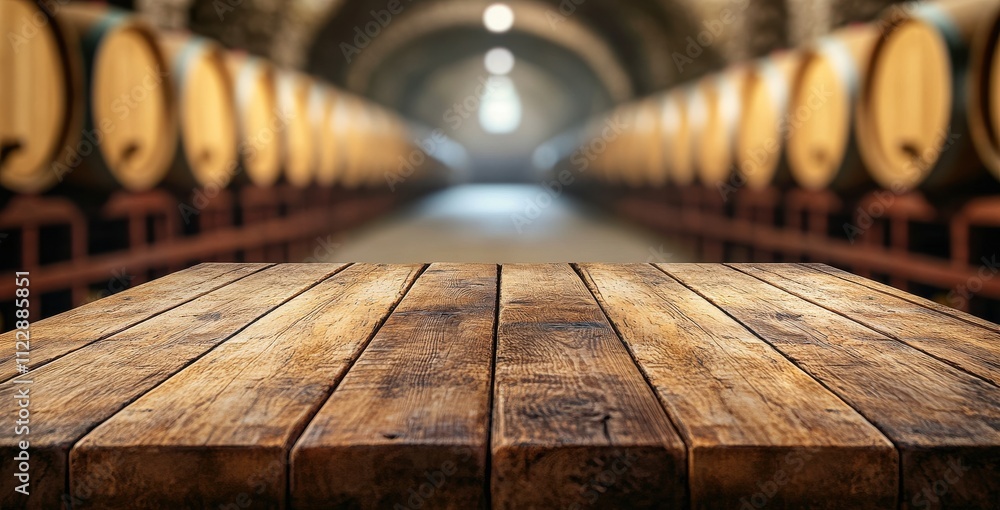 Poster rustic wooden table in front of rows of wine barrels in a dimly lit wine cellar, evoking a warm and 