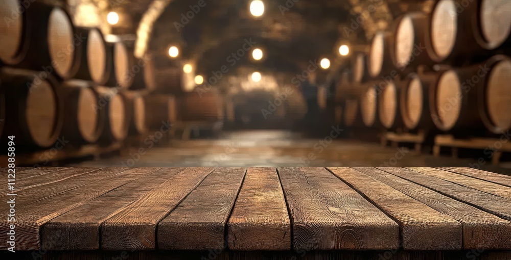 Poster rustic wooden table in front of shelves of barrels in a dimly lit wine cellar, creating a cozy and i