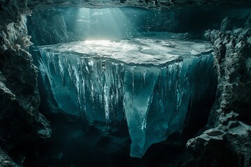 Dramatic close-up of underwater iceberg foundation, light refracting through ancient ice, mysterious underwater world, detailed marine ecosystem