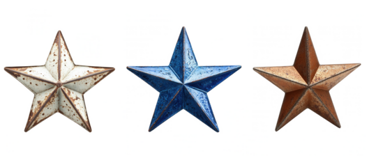 Three rustic stars in white, blue, and brown, isolated on transparent or white background