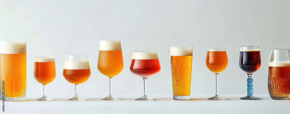 Aufkleber selection of various beer types in elegant glassware displayed on a minimalist background showcasing