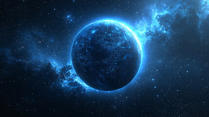 Obraz premium A glowing planet made of intricate data and code, illuminated with vibrant blue light, set against a futuristic background, symbolizing digital innovation and technology.