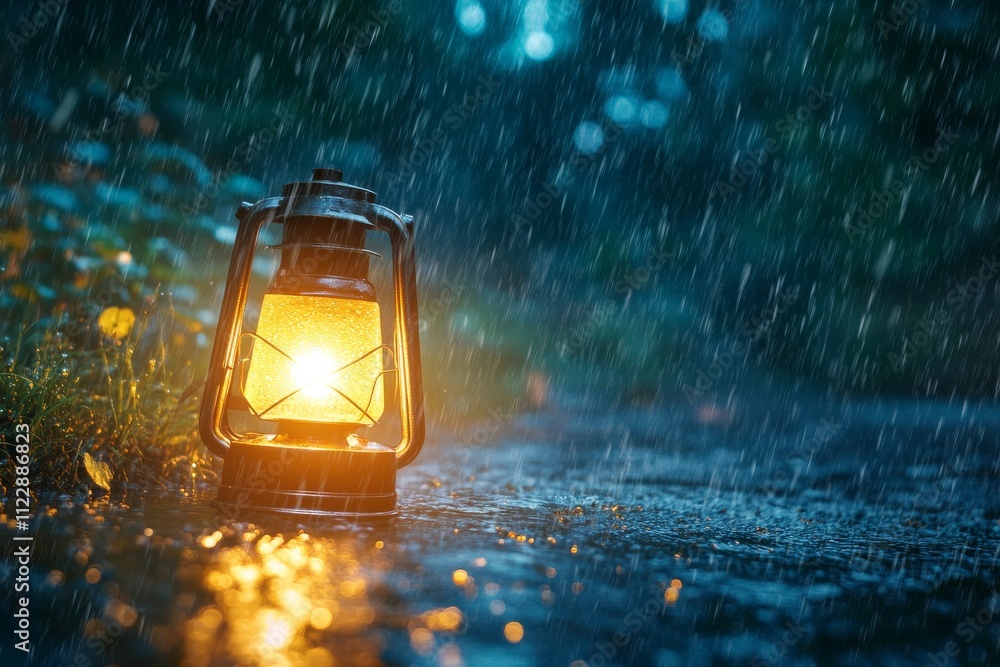 Poster vintage lantern illuminating a rain-drenched pathway in a serene forest during a gentle rainfall cre
