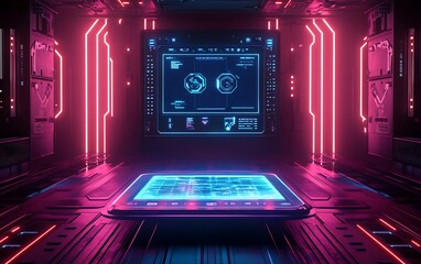 Obraz premium Futuristic control room with glowing neon lights, interactive displays, and advanced technology.