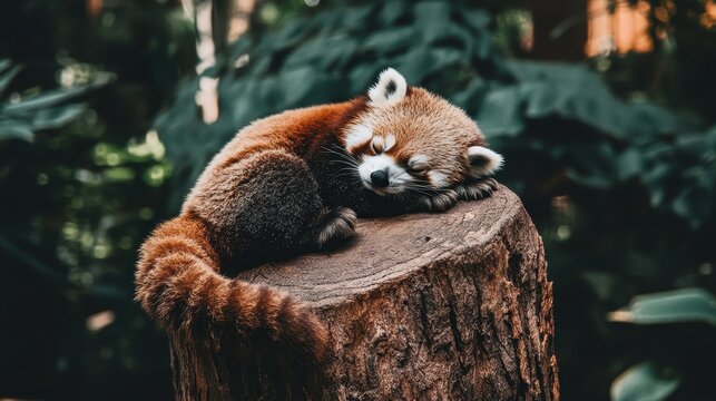 Red panda napping on a tree stump in a lush forest. - Powered by Adobe
