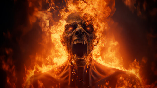 Sinner soul burning in fire pit of hell for ever, eternal tarnation