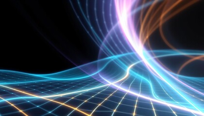 Grid where the lines are made of shifting iridescent light, The grid should wave and ripple as if floating on an invisible current with colors changing from turquoise to violet and gold.