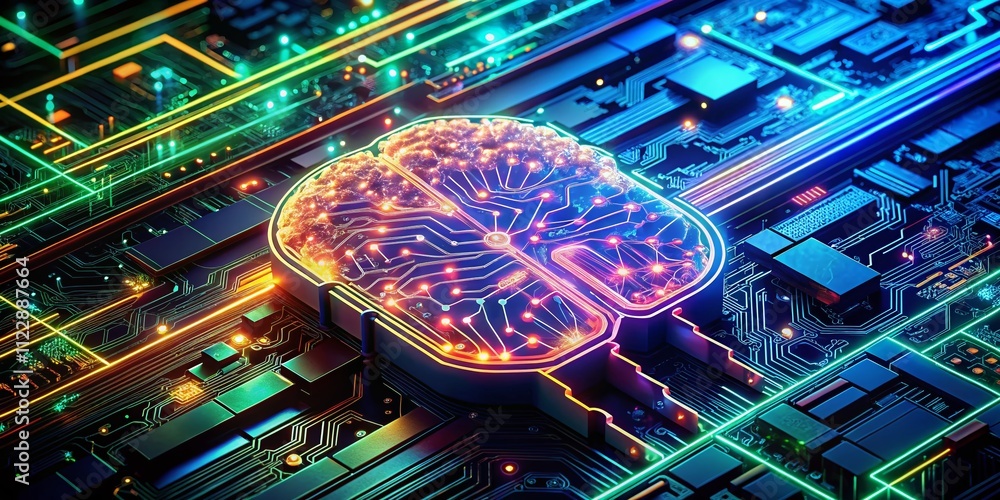 Poster drone photography of a digital brain on a circuit board, showcasing the intersection of technology a