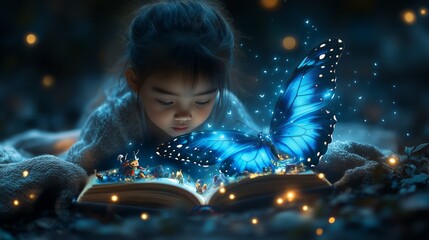 Enchanting night: child and glowing blue butterfly over magical book