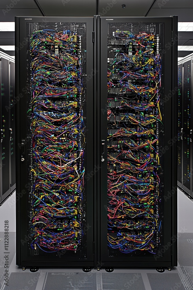 Poster complex network of colorful cables in data center server racks
