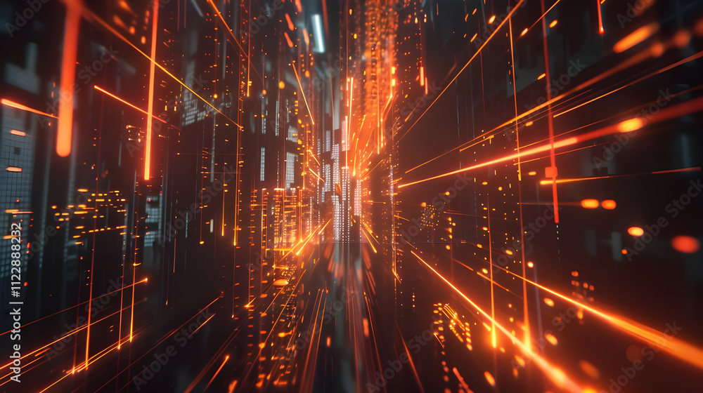 Poster abstract futuristic tunnel with glowing orange lines and data streams.