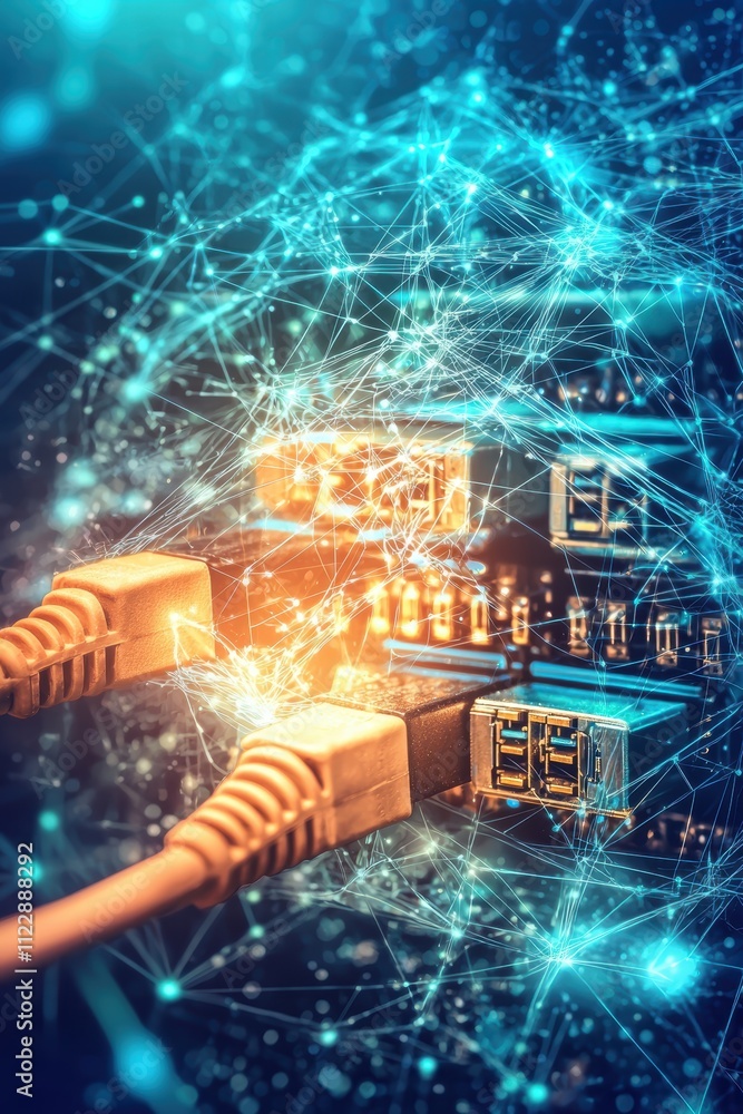 Poster digital network connection with cables and data flow in background