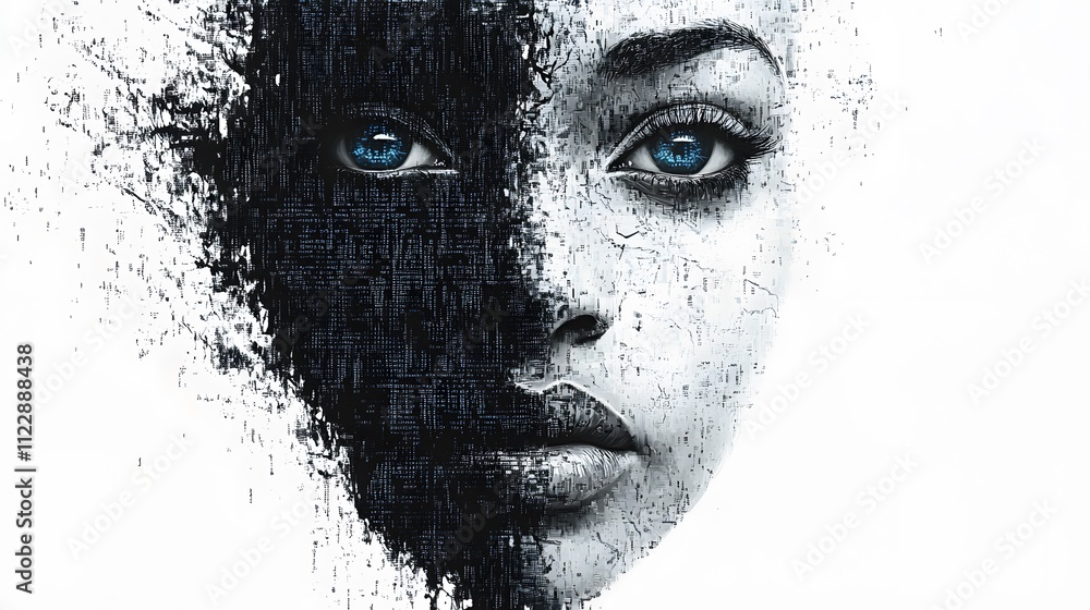 Poster abstract digital face with piercing blue eye and fragmented design representing artificial intellige