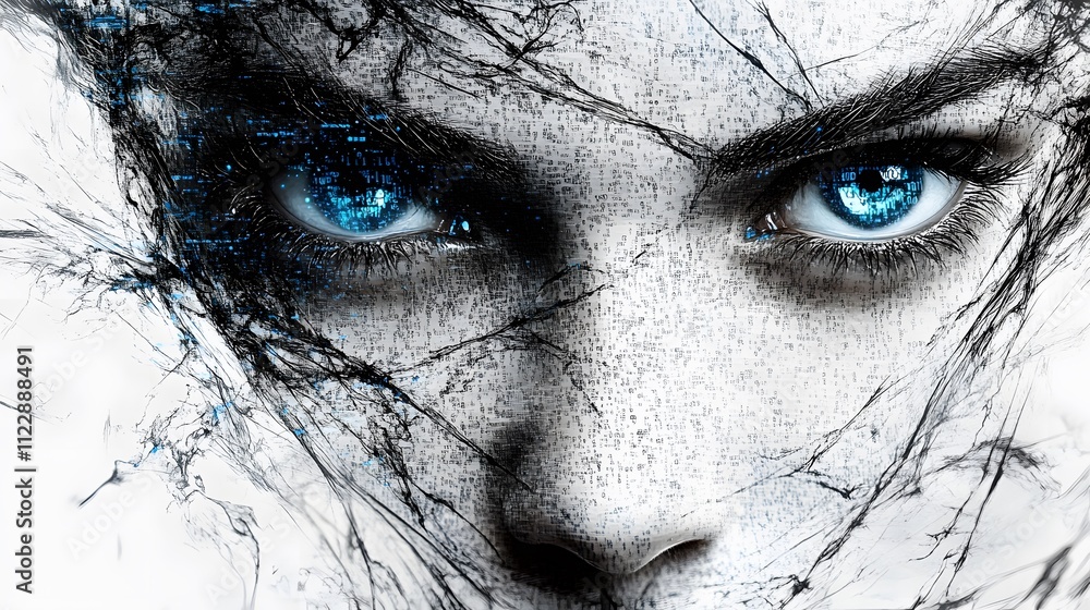Poster abstract digital face with piercing blue eye and fragmented design representing artificial intellige