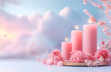 Peaceful atmosphere elegant candle and blossom arrangement in soft digital art