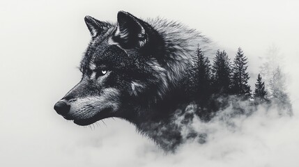 Wolf head double exposure with misty forest landscape, intricate silhouette blending, mystical nature connection, ethereal wildlife photography style